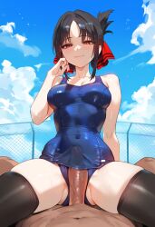 1boy 1female 1girls 1male ai_generated ass big_penis black_hair black_legwear black_thighhighs cock dark-skinned_male female geosan hair_ornament interracial kaguya-sama_wa_kokurasetai_~tensai-tachi_no_renai_zunousen~ latex light-skinned_female male male/female male_on_female male_with_female medium_breasts penis public public_nudity public_sex red_bow red_eyes shinomiya_kaguya swimming_pool swimsuit swimwear thighhighs thighs