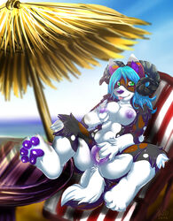 2011 anthro beach black blue_hair breasts brown canine chair claws cute female fluffy fur furry green_eyes hair hindpaw horn inuki long_hair looking_at_viewer masturbation nipples nude parasol pawpads paws purple purple_nipples purple_nose purple_pawpads purple_pussy pussy pussy_juice seaside sitting smile solo spots spread_legs spreading tail thighs tongue vaginal_penetration wet white_fur