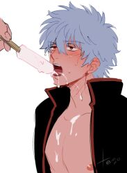 blush gintama gintoki_sakata male male_only open_mouth open_shirt phallic_symbol popsicle sexually_suggestive solo_focus suggestive_fluid sweat tttttengo white_hair