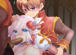 2boys arch_bishop_(ragnarok_online) blue_eyes blush breasts brown_coat censored cleavage closed_eyes closed_mouth coat commentary_request commission fellatio female flower gold_trim group_sex hair_flower hair_ornament hand_on_another's_head head_wings large_breasts long_hair long_sleeves looking_at_another mmf_threesome moko_(gumaguma_m) mosaic_censoring multicolored_coat multiple_boys oral out-of-frame_censoring paid_reward_available penis pointy_ears priest_(ragnarok_online) ragnarok_online red_coat red_flower sex short_hair skeb_commission smile straight threesome two-tone_coat upper_body white_wings wings