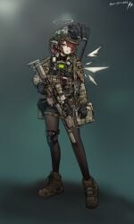 arknights black_pantyhose bulletproof_vest exusiai_(arknights) female gloves gun highres is-8_shi_zhong_zhan_che knee_pads medium_hair military pantyhose red_hair shorts single_knee_pad tactical_clothes translation_request weapon yellow_eyes