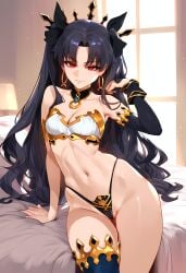 ai_generated black_hair blue_armwear blue_legwear fate_(series) female female_only geosan gold_earrings gold_jewelry ishtar red_eyes