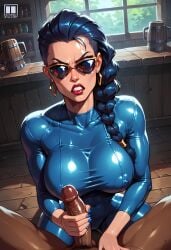 1girls ai_generated angry bodysuit dark-skinned_male handjob latex league_of_legends male penis red_glasses shiny shiny_skin smoke600 stable_diffusion sunglasses tinted_eyewear vayne