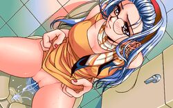 4bpp 90s bathroom blue_hair bottomless censored discovery_(company) game_cg glasses hairband marine_rouge peeing skirt_lift solo toilet toilet_use