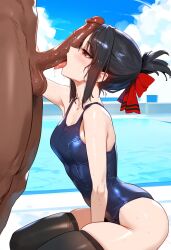 1boy 1girls ai_generated ass big_penis black_hair black_legwear black_thighhighs breasts cock cock_worship dark-skinned_male fellatio female geosan hair_ornament interracial kaguya-sama_wa_kokurasetai_~tensai-tachi_no_renai_zunousen~ kneeling latex licking licking_penis light-skinned_female male male/female male_on_female male_with_female medium_breasts outdoors penis public public_nudity public_sex red_bow red_eyes shinomiya_kaguya swimming_pool swimsuit swimwear thighhighs thighs tongue tongue_job tongue_out tongue_out_blowjob water