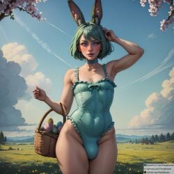 1boy ai_generated androgynous artist_name balls blue_eyes blush bulge bulge_through_clothing bunny_boy bunny_ears cute_male easter elegant femboy flat_chest flat_chested girly green_hair hi_res high_resolution highres horny light-skinned_male male male_only nymphosion original original_characte patreon_username penis shiny_skin sissy solo stable_diffusion standing tagme testicles trap yaoi