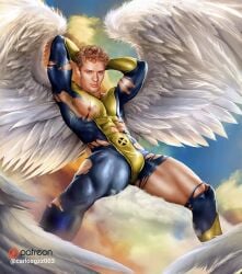 1boy abs actor angel_(x-men) arms_behind_head biceps bulge carlos_gzz celebrity in_character light-skinned_male light_skin looking_at_viewer male male_only marvel muscular muscular_male pecs ripped_clothing ryan_phillippe warren_worthington x-men