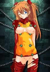 artist_request asuka_langley_sohryu blue_eyes blush bodysuit bondage breasts censored chains clothes clothing female female_only hair human long_hair medium_breasts neon_genesis_evangelion nipples orange_hair pilot_suit plugsuit pussy rebuild_of_evangelion solo test_plugsuit torn_clothes wink