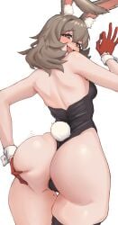 alternate_ass_size arknights ass ass_focus bunny_girl bunny_tail bunnysuit caper_(arknights) from_behind full-face_blush groping_ass groping_own_ass large_ass looking_back mole_on_thigh naughty_smile radioneet squishing_ass thick_thighs wide_hips