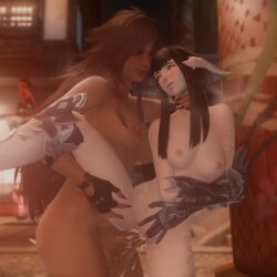 1futa 1girls 3d au_ra cum_blast dark-skinned_futanari female final_fantasy_xiv futa_on_female futa_with_female futanari grabbing_neck ingame_model pale-skinned_female source_request yugiri_mistwalker yuria_xiv