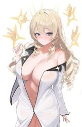 blush blushing buff_bard buttons collared_shirt crown_(naked_king)_(nikke) crown_(nikke) disembodied_hands goddess_of_victory:_nikke huge_breasts naked_shirt one_arm_up signature