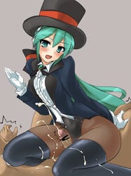 aqua_eyes aqua_hair censored cfnm clothed_female_nude_male cum cum_on_body cum_on_clothes cum_on_lower_body cum_on_thighs fishnet_pantyhose fishnets gloves handsfree_ejaculation hat hatsune_miku long_hair magician miracle_paint_(vocaloid) momio pantyhose penis ponytail project_diva solo tailcoat thighhighs thighjob tied_hair top_hat twintails very_long_hair vocaloid