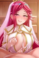 1boy 1girls :p alternate_costume areola_slip areolae braid breast_press breast_squeeze breasts ciderwrath cleavage cleavage_cutout cum cum_between_breasts cum_on_body cum_on_breasts cum_on_hand ear_piercing female female_focus fire_emblem fire_emblem_heroes half-closed_eyes huge_breasts indoors licking_lips light-skinned_female light-skinned_male light_skin loki_(fire_emblem) loki_(trickster_god)_(fire_emblem) long_sleeves male male_pov naughty_face nintendo official_alternate_costume paizuri penis piercing pink_eyes pov red_hair revealing_clothes sauna see-through sideboob smile solo_focus sweat tongue tongue_out veil violet_hair