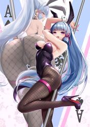 absurdres ace_(playing_card) ace_of_spades alternate_costume alternate_eye_color animal_ears black_leotard blue_eyes blue_hair blunt_bangs bow breasts card corruption fake_animal_ears fake_tail female fishnet_pantyhose fishnets genshin_impact hair_ribbon high_heels highleg highleg_leotard highres hypnosis kamisato_ayaka leotard long_hair looking_at_viewer mind_control multiple_views pantyhose perianist playboy_bunny playing_card pole_dancing ponytail rabbit_ears rabbit_tail ribbon smile solo spade_(shape) strapless strapless_leotard tail tongue tongue_out wedgie wrist_cuffs