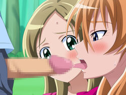 1boy 2girls blue_eyes blush censored clothing clown_(artist) collaborative_fellatio double_fellatio fellatio female green_eyes hair houjou_hibiki licking male minamino_kanade mosaic_censoring multiple_fellatio multiple_girls oral orange_hair outdoors penis precure pretty_cure suite_precure sweat threesome