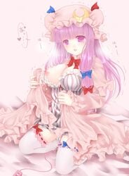 blush bow breasts crescent crescent_moon female female_only hairbow hat heart human lactation large_breasts long_hair masturbation moon nipples one_breast_out open_mouth patchouli_knowledge purple_eyes purple_hair pussy_juice rara419 seiza sitting solo spoken_heart tear thighhighs touhou trembling vibrator white_legwear