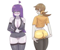 2girls ass ass_visible_through_thighs big_ass big_breasts jaune_(spooky_month) lila_(spooky_month) looking_away milf spooky_month