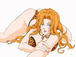 1girls ass beauty_mark bedroom_eyes bleach bra cleavage deep_cleavage female female_only full_cleavage huge_breasts leopard_print leopard_print_bikini leopard_print_bra leopard_print_panties leopard_print_thong leopard_print_underwear lingerie lipstick long_hair lying matsumoto_rangiku nail_polish orange_hair solo thong