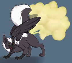 ass_up avian claws fart fart_cloud feral grey_background gryphon hybrid looking_back male mammal mephitid mythological_avian mythology naughty_face nude paws raised_tail simple_background skunk skunk_tail skunkbutts smelly solo stink_clouds tail wings