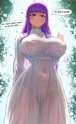 1girls breasts dress female female_only female_solo fern_(sousou_no_frieren) hips huge_breasts long_hair milf nipples no_bra no_panties purple_eyes purple_hair pussy see-through see-through_clothing solo sousou_no_frieren superbusty thick_thighs uncensored wide_hips