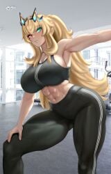 1girls abs bare_shoulders barghest_(gawain)_(fate) big_breasts black_sports_bra black_yoga_pants blonde_hair clothed clothed_female clothing fate/grand_order fate_(series) female female_only green_eyes gym gym_clothes gym_clothing heterochromia light-skinned_female light_skin light_skinned_female long_ponytail midriff muscular muscular_arms muscular_female muscular_legs navel ponytail raskasar red_eye solo solo_female sport_clothes sports_bra yoga_pants