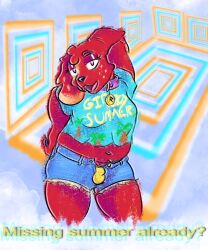 abstract_background anthro bird_dog bottomwear canid canine canis clothing collar cutoffs denim denim_bottomwear denim_clothing domestic_dog female freckles fur gynomorph hi_res hotpants hunting_dog intersex irish_setter mammal purple_eyes red_body red_fur rubyyoulazycat setter shorts solo summer text vhs_filter