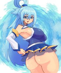 1girls aqua_(konosuba) armpits ass big_ass big_breasts blue_background blue_eyes blue_hair blue_skirt blush breasts cowboy_shot detached_sleeves dutch_angle female from_behind hair_between_eyes hair_rings konaloid kono_subarashii_sekai_ni_shukufuku_wo! large_breasts long_hair long_sleeves looking_at_viewer looking_back microskirt miniskirt no_panties open_mouth simple_background skirt smile smug solo standing white_background