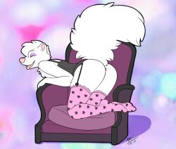 anthro anus armchair ass chair clothed clothing fluffy fluffy_tail fur furniture girly harp_(skunkbutts) legwear lingerie male mammal mephitid moodyferret open_mouth partially_clothed presenting presenting_hindquarters raised_tail skunk skunk_tail slim solo stockings tail white_body white_fur