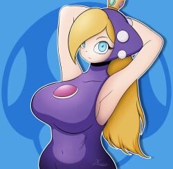 1girls 2kooty aged_up armpits big_breasts blonde_hair blue_background blue_eyes breasts cropped_torso crown evil female female_focus female_only front_view gem huge_breasts mario_(series) mario_tennis outline png purple_clothing purple_dress signature simple_background simple_shading solo solo_female stretching upper_body violet_clothing wapeach watermark white_outline