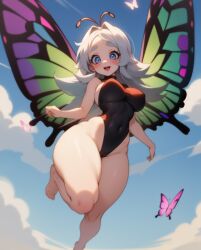 1girls ai_generated blue_eyes butterfly butterfly_wings cameltoe clothed clothing curvy female female_only happy happy_female hourglass_figure long_hair navel_visible_through_clothes nipple_bulge open_mouth original rocksolidart solo solo_female thick_thighs tight_clothing white_hair wide_hips