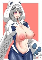 1girls ama_usagi_setto animal_hood areola bear_hood belly_button blush bodysuit breasts eyebrows_visible_through_hair female female_only goddess_of_victory:_nikke grey_hair hood hood_up hoodie huge_breasts light-skinned_female light_skin neve_(nikke) nipples nousagi913 purple_eyes sleep_mask solo