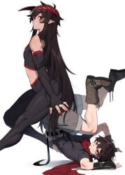 2boys ain(in) barefoot boots demon demon_king_(in) femboy femboy_on_femboy hero_(in) horns human in_(ain) sitting sitting_on_person skin_tight suggestive upside-down