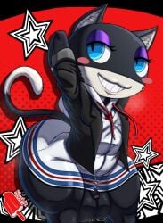 anthro ass atlus big_ass big_balls_small_penis big_butt black_body black_fur blue_eyes bottom_heavy bulge feline femboy flaccid_penis fur huge_ass huge_butt male male_only morgana_(persona) oversized_balls penis persona persona_5 persona_5_royal school_uniform slushiebest steam tail thick_thighs thighhighs tuxedo_cat uncircumcised uncircumcised_penis uncut uncut_penis white_fur wide_hips