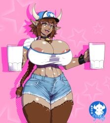 cow_bell dark-skinned_female hyper_breasts jenny_(salvidin94) minotaur minotaur_female mirukwi nipple_slip waitress