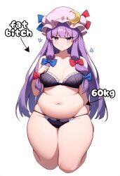 ai_generated annoyed arrow_(symbol) belly bra disappointed edited fat female medium_breasts novelai panties patchouli_knowledge shudder text touhou weight weight_conscious white_background wide_hips