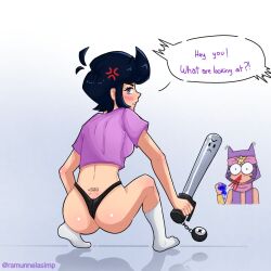 1boy 1girls angry bat bibi_(brawl_stars) black_hair black_thong bleeding_nose blush brawl_stars crop_top english_text female from_behind mr._bat pink_clothing purple_eyes ramunne sandy_(brawl_stars) shocked short_hair simple_background socks squatting tagme text text_bubble thong underwear