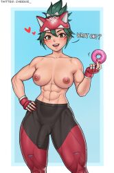 abs athletic_futanari biceps blizzard_entertainment breasts brown_eyes bulge bulge_through_clothing cheekie0 collarbone cowboy_shot deltoids fingerless_gloves full-package_futanari futa_only futanari green_hair holding_object kiriko_(overwatch) looking_at_viewer mascara muscular_thighs navel nipples overwatch overwatch_2 simple_background smile standing sweat text topless