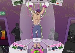 arcade crying_with_eyes_open gay male_only public purple_hair restrained shirtless tickle_fetish tickle_torture tickleforyou tickling tickling_armpits tickling_ears tickling_feet tickling_machine tickling_sides tickling_thighs