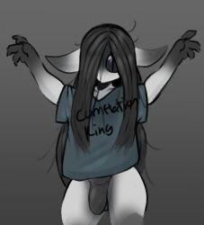 balls black_eyes black_hair flaccid flaccid_penis goblin goblin_male hair_over_one_eye hands_up limp limp_penis long_ears long_hair male_only messy_hair no_humans oversized_clothes oversized_shirt penis repomorame solo_male zet_(repomorame)