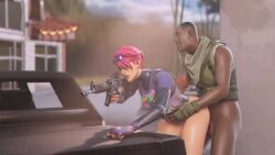 1boy 1girls 3d animated assault_rifle beach_bomber brite_bomber car casual clothing dark-skinned_male dark_skin doggy_style eyewear_on_head female firearm fortnite fortnite:_battle_royale frolich gloves gun holding_weapon human interracial light-skinned_female light_skin male mp4 multitasking pale_skin pants_down pink_hair rifle sound sunglasses_on_head tagme video weapon