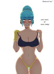 1girls blue_hair blush bra brawl_stars english_text female gloves janet_(brawl_stars) looking_at_viewer navel nipple_bulge orange_eyes popstar_janet ramunne revealing_clothes skimpy_clothes smile smirk solo solo_female standing tagme text thong underboob undressing white_background