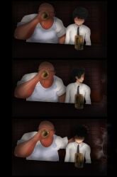 2023 2boys 3d 3koma absurd_res absurdres alcohol background_character beer black_hair cheating cheating_wife comic cuckold dark-skinned_male dark_skin drink drinking faceless faceless_male glasses hand_on_another's_shoulder heart hi_res high_resolution highres implied_sex looking_away looking_down male multiple_boys necktie ntr original ugly_bastard ugly_man vyrus_smith