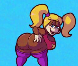 1girls 2d anthro ass banjo-kazooie bear bent_over blonde_hair blue_background blue_eyes blush bottomless breasts brown_fur brown_hair claws eyelashes ftrashpickle fur fuzzycapsule08 hand_on_butt huge_ass huge_breasts looking_at_viewer looking_back pale_skin pink_shirt presenting presenting_hindquarters purple_legwear rareware seductive shirt shortstack thick_thighs thighhighs tooty twintails