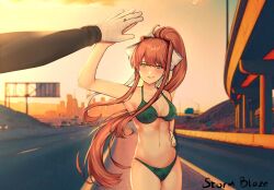 1female 1girls bare_shoulders bikini bikini_bottom bikini_top breasts doki_doki_literature_club female girl green_eyes hand_on_hip long_hair looking_at_viewer monika_(doki_doki_literature_club) navel not_porn storm_blaze stormblaze76 thighs