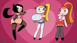 3girls aged_up big_ass big_breasts bimbofication black_hair blonde_hair blossom_(powerpuff_girls) blue_eyes blue_lipstick breastless bubble_ass bubble_butt bubbles_(powerpuff_girls) buttercup_(powerpuff_girls) clothed female female_only garabatoz giant_breasts ginger_hair green_eyes green_lipstick hourglass_figure huge_breasts light-skinned_female long_hair multiple_girls no_bra no_underwear pink_eyes pink_lipstick ponytail ponytails powerpuff_girls pussy_window short_shorts sideass sideboob sisters skirt stockings thin_waist underass