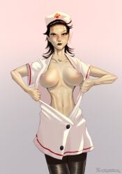 2d big_breasts breasts el_chichas_ genderswap_(mtf) half_naked jujutsu_kaisen kenjaku looking_at_viewer nurse nurse_kenjaku rule_63 showing_breasts solo solo_female suguru_geto