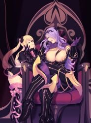 2girls blonde_hair breasts camilla_(fire_emblem) cleavage elise_(fire_emblem) female female_only fire_emblem fire_emblem_fates large_ass large_breasts looking_at_viewer multiple_girls multiple_views nintendo purple_hair seios throne