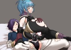 2girls arm_grab ass bbk_(13zk) big_ass blue_hair bodysuit breasts brown_eyes censored female female_only fire_emblem fire_emblem_heroes gloves hair_over_one_eye kiran_(fire_emblem) kiran_(fire_emblem)_(female) large_ass medium_breasts medium_hair multiple_girls nintendo pantyhose purple_hair pussy_juice reginn_(fire_emblem) sex short_hair small_breasts smile spread_legs strap-on torn_clothes vaginal_penetration yellow_eyes yuri