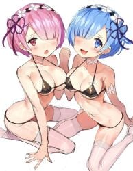 2girls asymmetrical_docking bare_shoulders bikini black_bikini blue_eyes blue_hair breasts female female_only gaou gaou_(umaiyo_puyoman) hair_over_one_eye holding_hands human kneehighs kneeling maid_headdress matching_hair/eyes medium_breasts multiple_girls navel on_knees pink_eyes pink_hair ram_(re:zero) re:zero_kara_hajimeru_isekai_seikatsu rem_(re:zero) short_hair sisters thighs twins x_hair_ornament