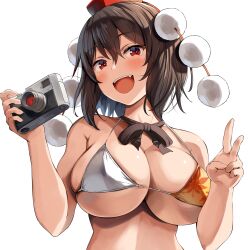 1girls artist_name artist_signature belko big_breasts bikini_top black_hair black_ribbon blush breasts camera cleavage dated female female_only hat holding_object huge_breasts large_breasts looking_at_viewer open-mouth_smile open_mouth red_eyes shameimaru_aya shiny_hair shiny_skin short_hair simple_background smile teeth tengu tongue touhou v white_background youkai